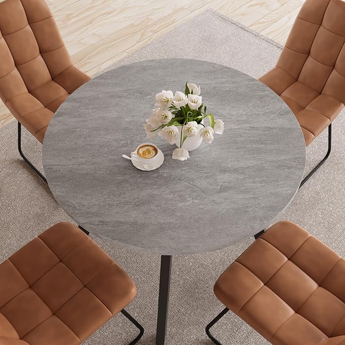 34.6'' Dining Table and Chairs for 4, Mid Century Modern Round Table Set, Space Saving for Apartment Kitchen Dining Room (Grey Table+4 U-Shaped Brown Chairs)