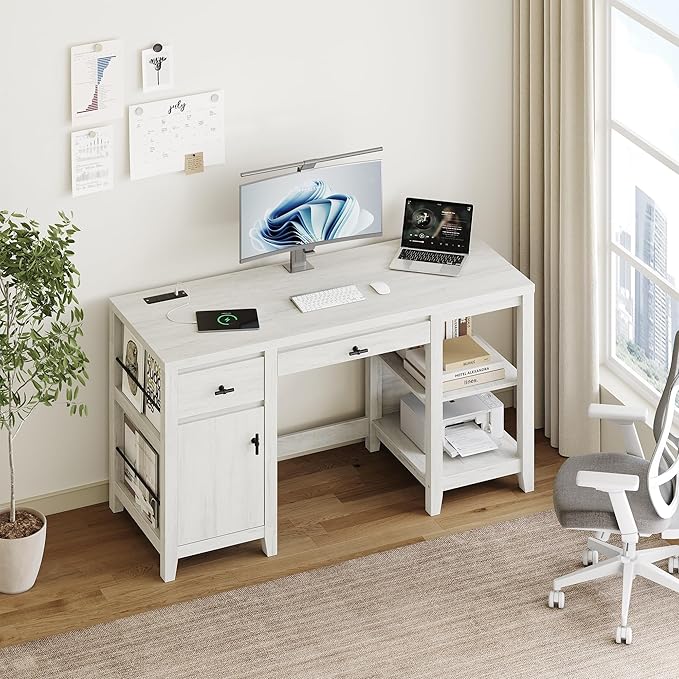 58" Executive Desk with Foldable Keyboard Tray and Charging Station, Farmhouse Wood Home Office Desk with Drawers and Magazine Rack, Large Writing Computer Desk for Home Office and Study, White