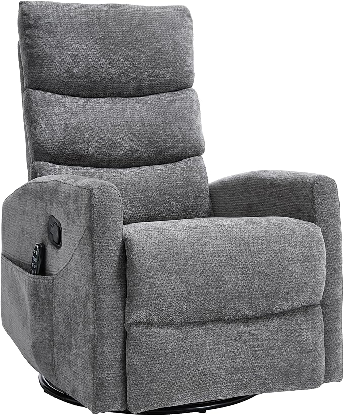 PELUMY Massage Recliner Chair with Heat - Manual Rocker Swivel Recliner, 360° Rotation & 155° Recline for Living Room（Linen Fabric, Grey）