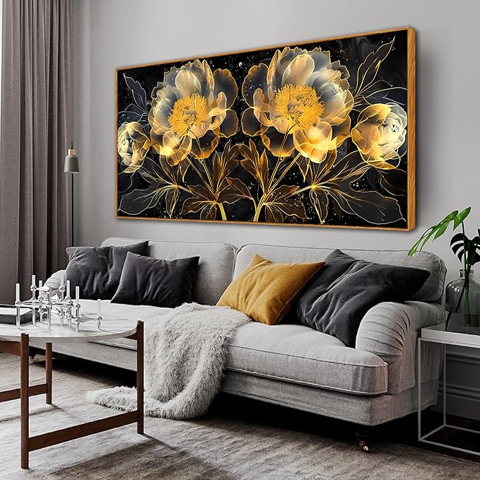 Abstract Flower Wall Art for Bedroom Women - Black and Gold Canvas Wall Art with Wooden Framed Size 29" x 59"