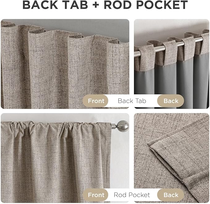 Joydeco 100% Blackout Curtains for Bedroom - Natural Linen Curtains 37"W x 63"L Long, Thermal Insulated 2 Panels Linen Light Blocking Drapes, Rod Pocket & Back Tabs, Darkening Privacy for Living Room