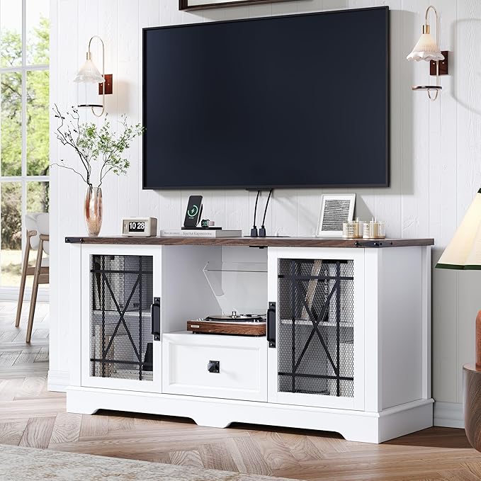 Entertainment Center White TV Stand with Charging Station Modern 55'' Television Stand Console with Adjustable Storage Shelves, Rustic Media Storage Cabinet for Living Room and Bedroom