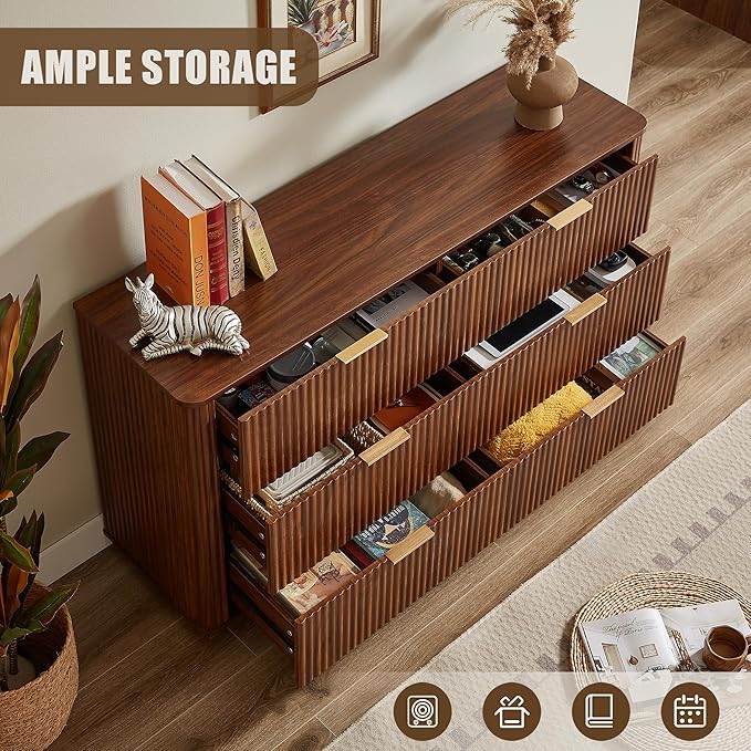 VMU Fluted Dresser with 6 Deep Drawers，55" Modern Wooden Chest of Drawers with Metal Handles, TV Stand with Curved Profile, Closet Clothes Storage Organizer for Bedroom, Living Room, Hallway (Walnut)
