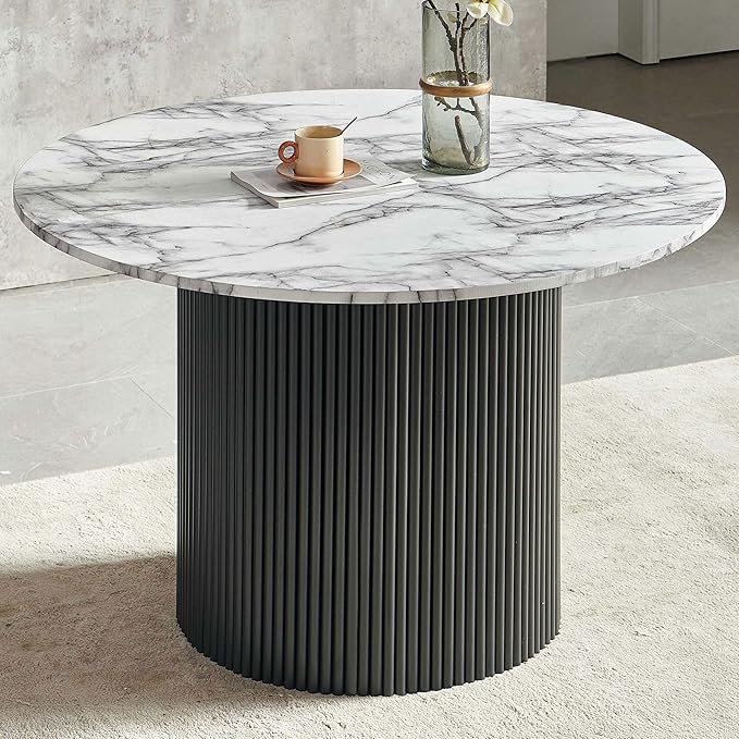 47" Round Kitchen Dining Table Set for 4, Two-Part White Marble Tabletop with Wood Strips, Industrial Home Kitchen Table Set with Brown Sherpa Barrel Dining Accent Side Chairs Comfy