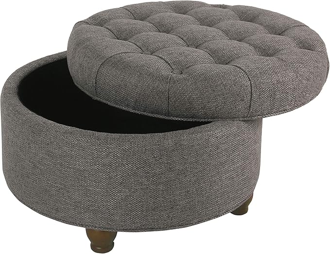 Homepop Home Decor | Button Tufted Woven Round Storage Ottoman | Ottoman with Storage for Living Room & Bedroom (Dark Gray)