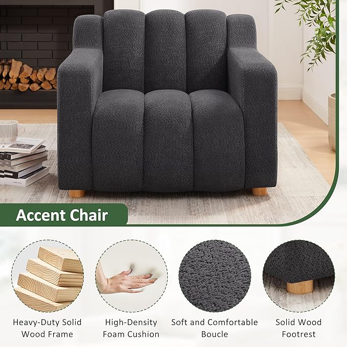 Oversized Accent Chair, Modern Living Room Chairs, Comfy Boucle Fabric Upholstered Armchair for Bedroom, Office, Waiting Room (Dark Gray)