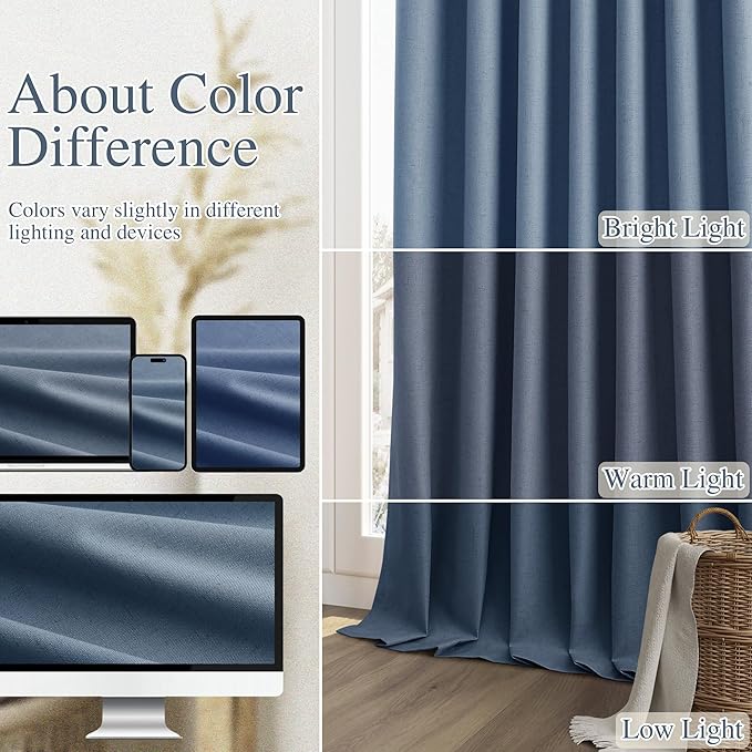Guken Blackout Curtains 120 Inch Length 2 Panels Set for Living Room Bedroom Back Tab Thermal Insulated 100% Black Out Linen Drapes Room Darkening Window Curtains 120 Inches Long,Denim Blue