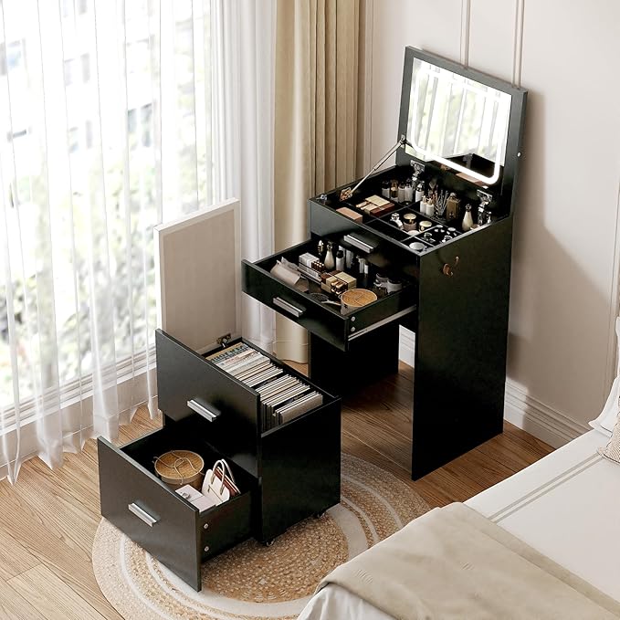 Compact Vanity with 3 Drawers, 3 in 1 Vanity Desk, Makeup Desk with Flip-up 3 Colors Lighting Mirror and Cushioned Stool, Small Vanities Nightstand Perfect for Bedroom, Black