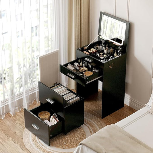 Compact Vanity with 3 Drawers, 3 in 1 Vanity Desk, Makeup Desk with Flip-up 3 Colors Lighting Mirror and Cushioned Stool, Small Vanities Nightstand Perfect for Bedroom, Black