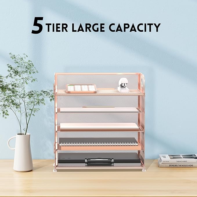 Supeasy 5 Trays Paper Organizer Letter Tray with Handle-Mesh Desk File Organizer, Paper Sorter Desk Organizer for Office, Home or School (Rose Gold)