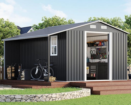 AMERLIFE 10.6x10.3x6.3 FT Galvanized Metal Storage Shed with Open Firewood Bay, Sliding Doors & Ramp, 2 Windows & Vents, Weather-Resistant Outdoor Tool/Garden Shed, Dark Gray