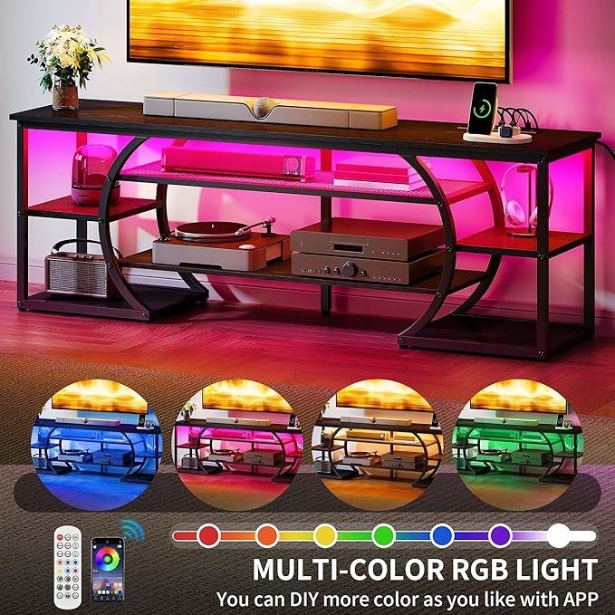 YITAHOME TV Stand for up to 70-inch TVs, Modern Black TV Stands for Living Room w/Power Outlets,LED Entertainment Center with Storage, TV Media Console Cabinet, Black