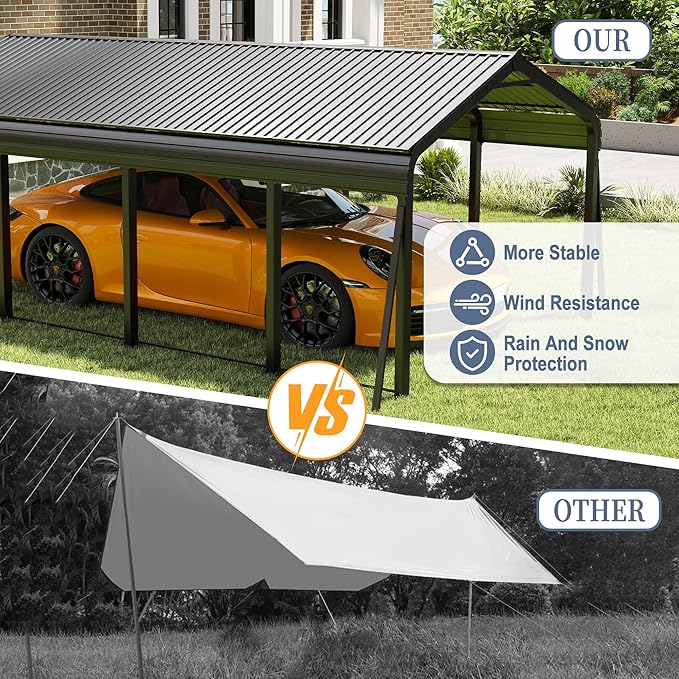 12x20 FT Metal Carport, Heavy Duty Car Port Canopy with Galvanized Steel Roof & Frame, Large Metal Carport Kit, Outdoor Car Garage, Steel Car Shelter for Car, Boat, Truck, Dark Gray
