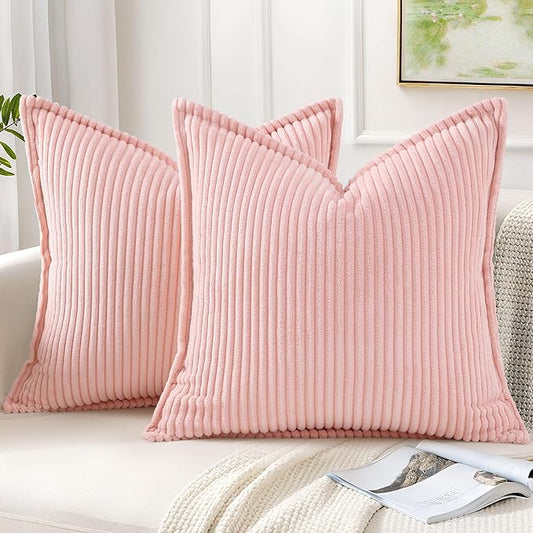 Mecatny Corduroy Throw Pillow Covers 20x20 Set of 2, Neutral Decorative Soft Boho Couch Pillow Covers with Broadside for Sofa Living Room, Pink