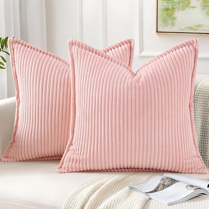 Mecatny Corduroy Throw Pillow Covers 24x24 Set of 2, Neutral Decorative Soft Boho Couch Pillow Covers with Broadside for Sofa Living Room, Pink