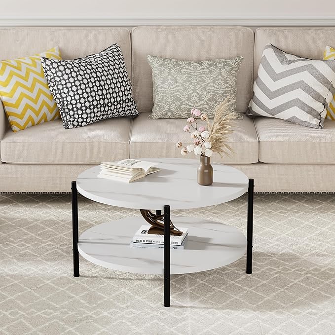 Round Coffee Table, 27.6" Circle Coffee Table for Living Room, 2-Tier Wood Accent Center Table with Open Storage Industrial Design Home Furniture, White