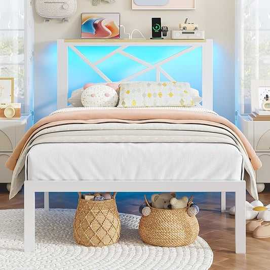 Twin White Metal Bed Frame with USB Charging Station, LED Ambient Lighting, and Wooden Storage Headboard - Includes Under-Bed Storage, No Box Spring Needed, Noise Free, Easy to Assemble