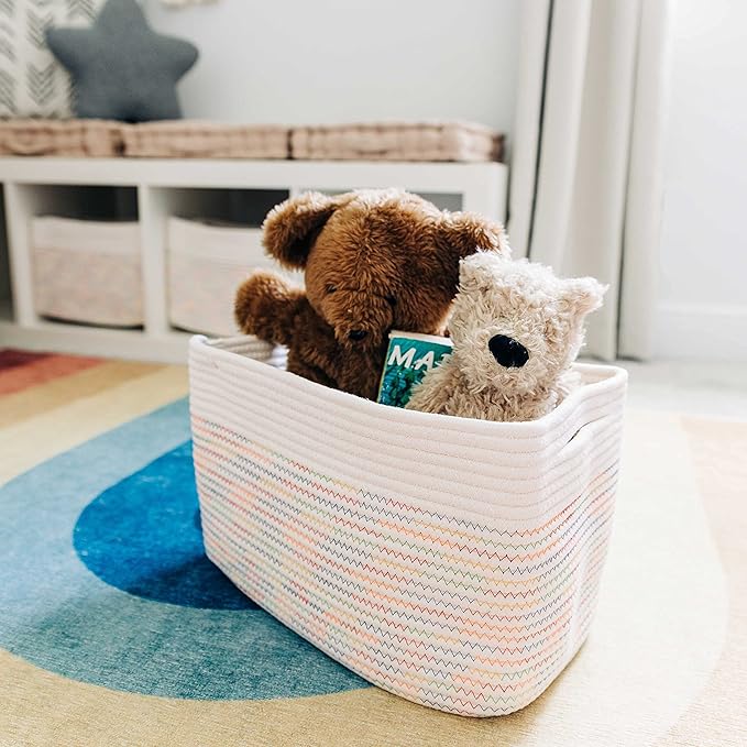 OrganiHaus Set of 3 Rainbow Stiches Woven Storage Baskets for Organizing, Cotton Rope Storage Baskets for Shelves, Soft Bathroom Bins for Organizing, Decorative Cute Nursery Bins for Toys