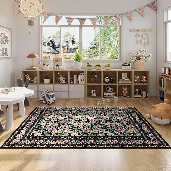 Bedroom Rug 3x5 Rug Washable Area Rug Non Slip Low Pile Vintage Floral Small Carpet for Bedroom, Bedside, Kitchen, Entryway, Kids Room, Office, Black
