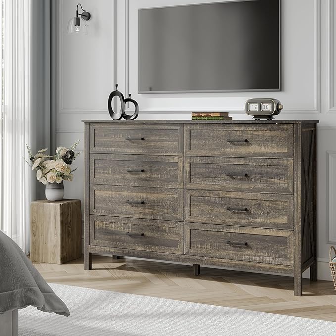 Farmhouse 8 Drawers Dresser for Bedroom, Wood Rustic Wide Chest with Natural Texture, Large Dressers for Bedroom, Hallway, Entryway, Dark Brown