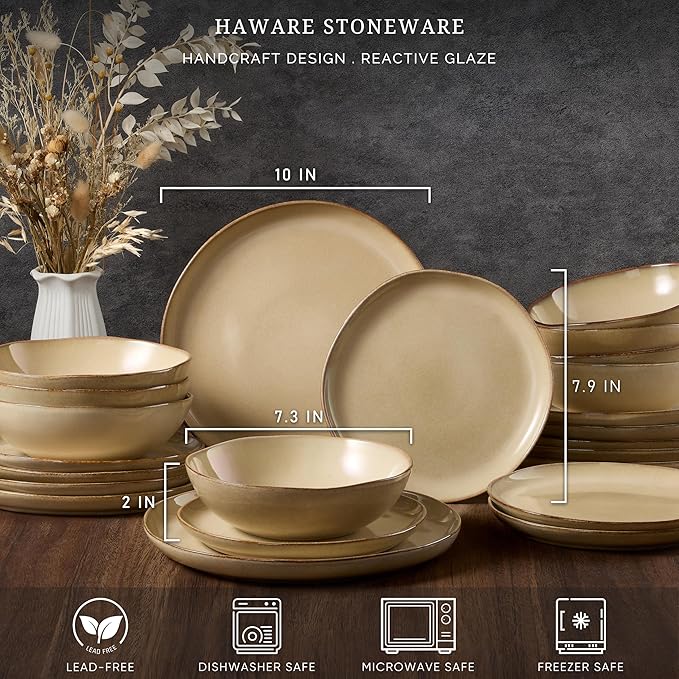 HaWare Dinnerware Sets, 12-Piece Stoneware Plates and Bowls Set, Dish Set for 4, Ceramic Dishware for Home Restaurant, Chip and Scratch Resistant, Microwave and Dishwasher Safe, Reactive Sandy Khaki
