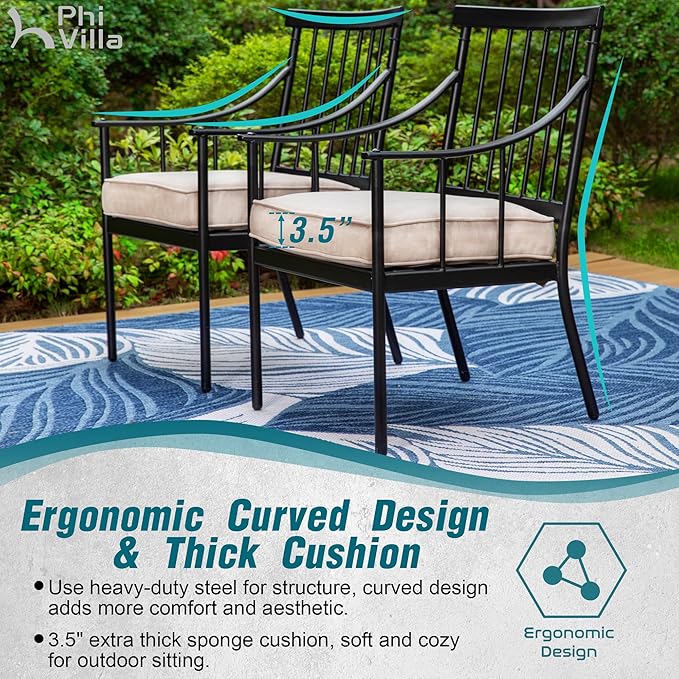 PHI VILLA 5 Piece Outdoor Dining Set for 4, Round Steel Dining Table with Umbrella Hole & Heavy-Duty Metal Chairs with Cushions, Modern Patio Dining Furniture Set for Deck, Backyard, Porch
