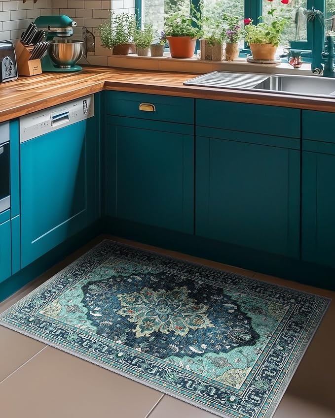 Area Rugs 2'x3' Washable Non-Slip, Floral Vintage Distress Print Pattern Medallion Carpet for Living Room Bedroom Dining Room, Teal Green Lake Blue Turquoise