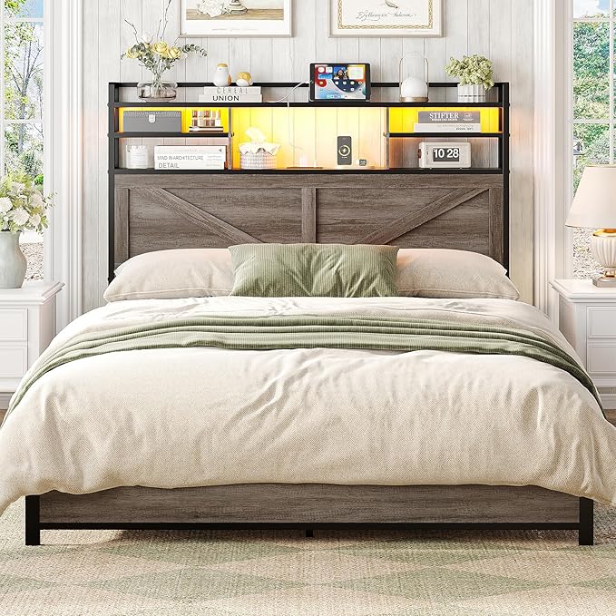 Headboard for Queen Size Bed with Storage, Headboards with Power Outlets and RGB LED Light, Sturdy Queen Size Headboard, Stable Head Board with Bed Adapter for Bedroom/Dorm/Guest Room
