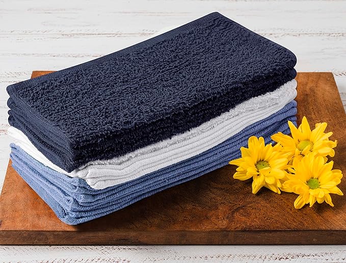 Towel and Linen Mart 100% Cotton - Wash Cloth Set - Flannel Face Cloths, Highly Absorbent and Soft Feel Fingertip Towels (Navy, White & Sky Blue, Pack of 12)