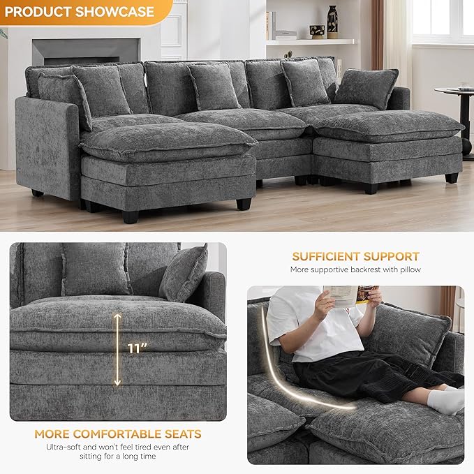 111'' Sectional Cloud Deep Seat Couch, Oversized Chenille U Shaped Sectional Sofa for Living Room Set, Comfy Upholstered Modular 3-Seats Sectional Sofa Couch with 2 Movable Ottoman, Grey
