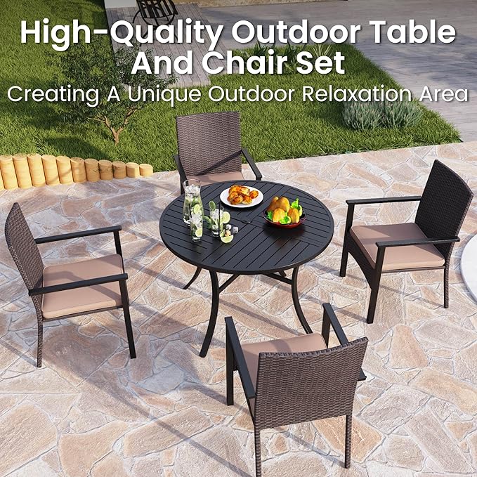 PHI VILLA 5 Piece Outdoor Dining Table Set for 4, 42” Round Steel Dining Table with Umbrella Hole & 4 Metal-Frame Wicker Chairs for Patio, Deck, Yard, Porch