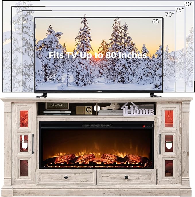 OKD Fireplace TV Stand for up-to-80 TV, Farmhouse 36" Tall Entertainment Center with 42" Electric Fireplace, Media Console with Glass Door Cabinets & Drawers for Living Room, Antique Brush White