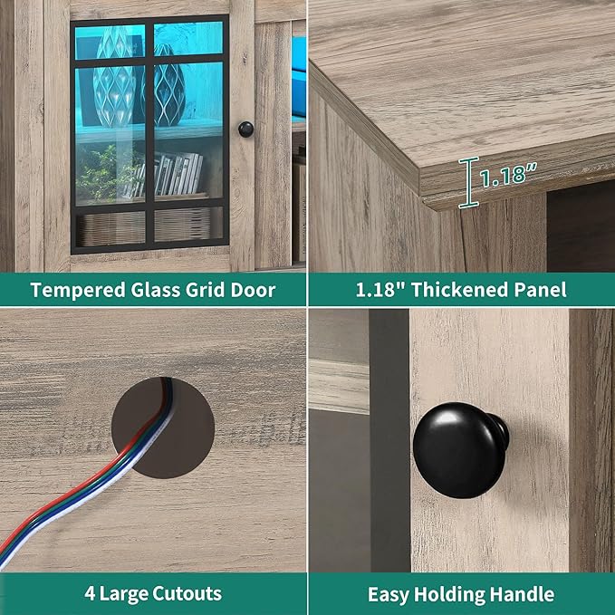 YITAHOME Modern TV Stand for 75 Inch TV, LED Entertainment Center with Adjustable Shelves and Glass Doors, 32'' Tall Television Stands TV Media Console Table for Living Room, Pine Grey