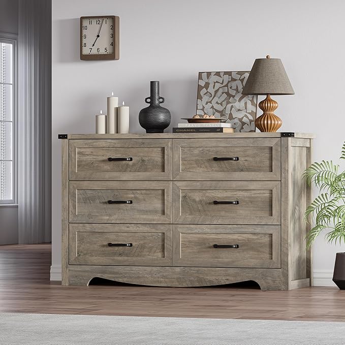 6-Drawer Dresser for Bedroom – 47" Wide Modern Wooden Chest with Natural Wood Texture, TV Stand & Storage, Metal Corner Brackets, Wood Drawer Organizer for Living Room, Hallway