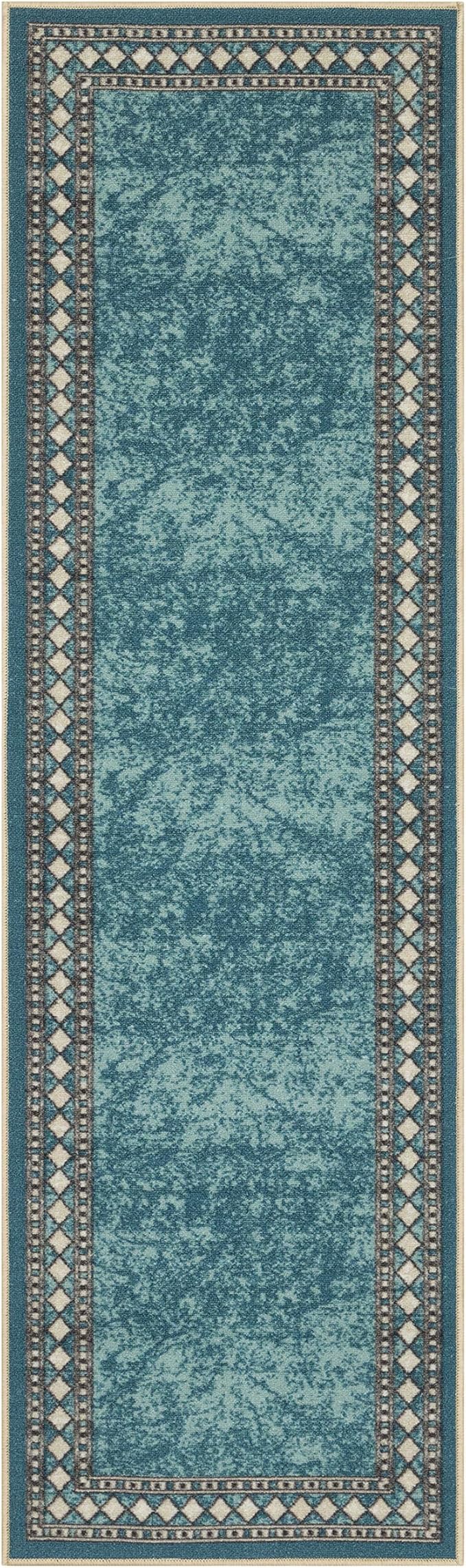 Antep Rugs Alfombras Modern Bordered 2x7 Non-Skid (Non-Slip) Low Profile Pile Rubber Backing Indoor Area Runner Rugs (Blue, 2' x 7')