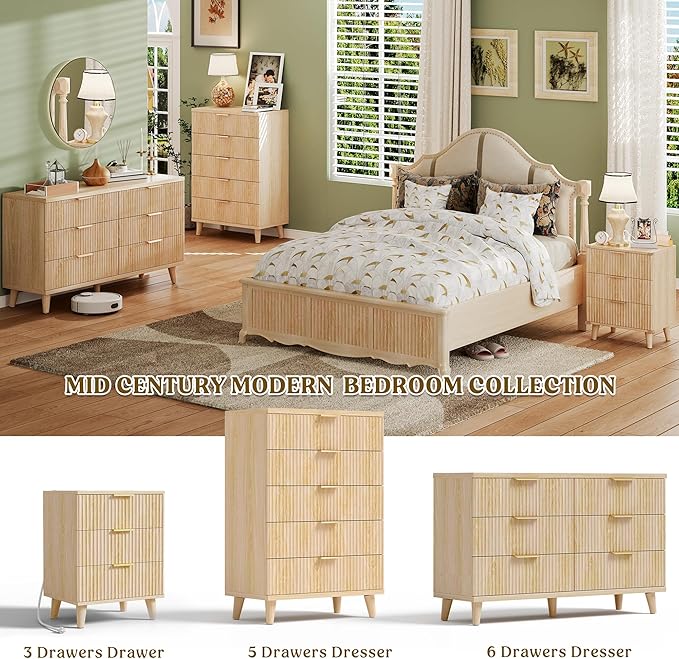 Lulive Wood Night Stand Set 2 Fluted Dresser for Bedroom 3 Drawers End Tables Living Room Nightstand with Charging Station, Storage Modern Side Table Natural