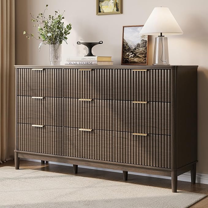 LINSY HOME Fluted Dresser for Bedroom with 9 Drawers, 58" Wide Chest of Drawers, Mid Century Modern Dresser TV Stand with Metal Handle, Wood Closet Storage Cabinet for Living Room, Hallway, Walnut