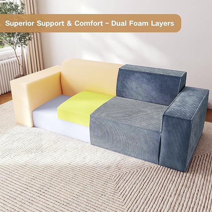 Sofa-in-a-Box, Memory Foam 3-Seater Couch, No Installation & Easy to Transport, Deep Seat Modern Sofa with Corduroy Fabric, Couch for Living Room, Bedroom, Apartment, Home Office,Grey