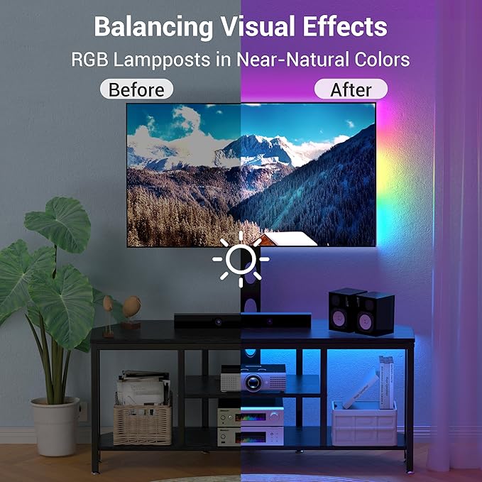 Corner TV Stand with Mount LED - Universal TV Mount Stand for 32-65" TV, Height Adjustable Swivel TV Console Wood & Steel Entertainment Center with Mount, Cabinet, Power Outlet, Colorful Light, Black