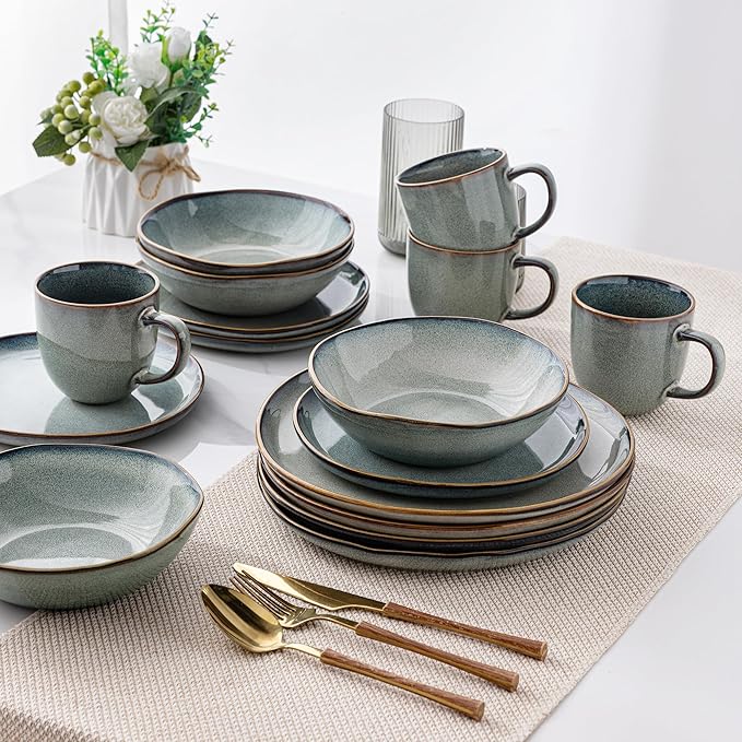 AmorArc Ceramic Dinnerware Sets,Handmade Reactive Glaze Stoneware Plates and Bowls Sets with Mugs,Highly Scratch Resistant | Dishwasher & Microwave Safe Dishes Set,Service for 4(16 Pcs)