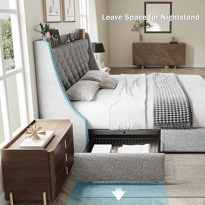 King Size Bed Frame with 4 Storage Drawers, Giant Upholstered Wingback Headboard, Fast Charging Station, No Box Spring Needed, Noise-Free, Light Gray