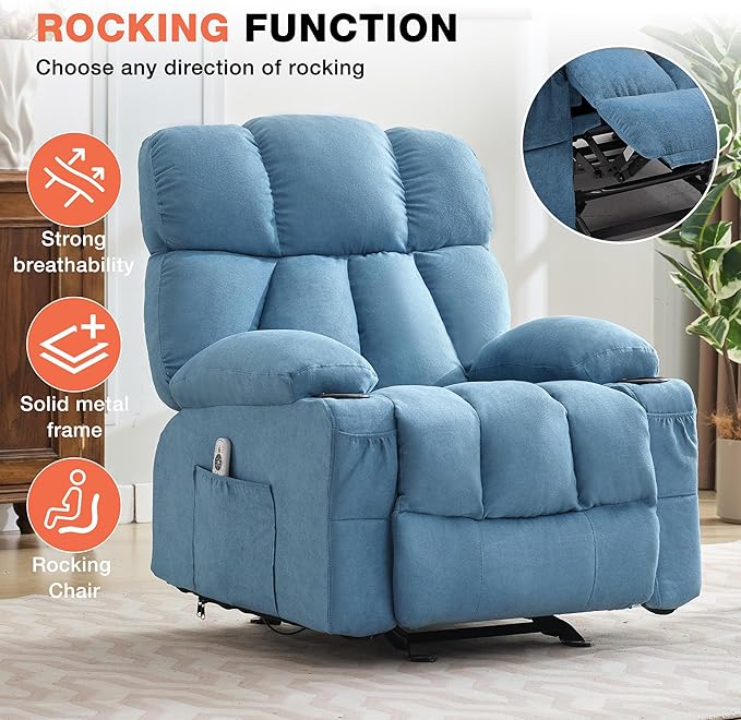 Massage Rocker Recliner Chair with Heat, Ergonomic Overstuffed Reclining Lounge Chair with Side Pockets, USB Charging Port, Sturdy Metal Frame, Comfortable Modern Design for Living Room