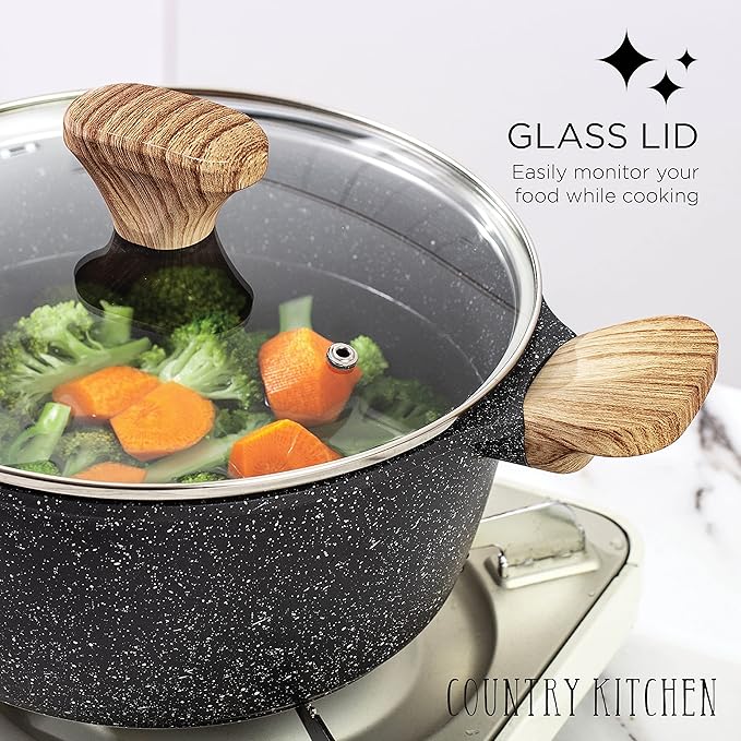 Country Kitchen Non-Stick Cast Aluminum Cookware Set - Durable Kitchen Cookware for Everyday Cooking, Grey, 11 Pc.