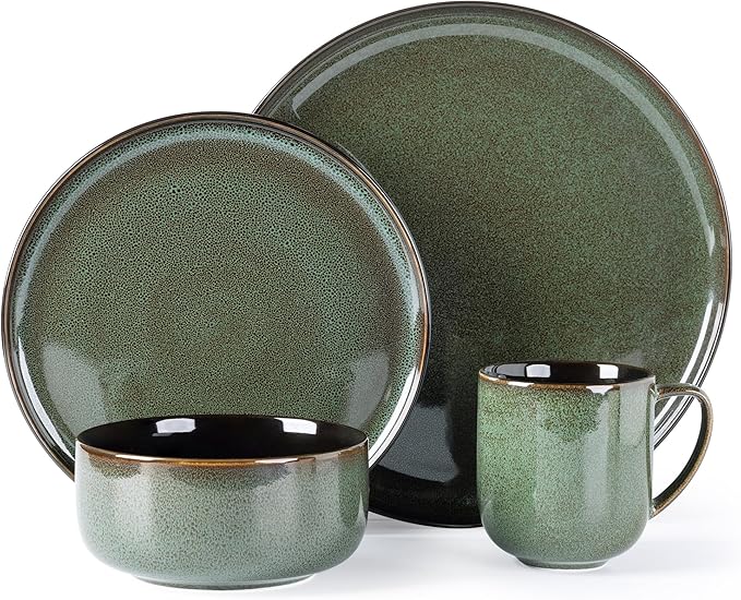 LERATIO Ceramic Dinnerware Sets for 4,16-PieceReactive Glaze Plates and Bowls Set with Mugs,Highly Chip and Crack Resistant | Dishwasher,Microwave & Oven Safe Dishes set-Green