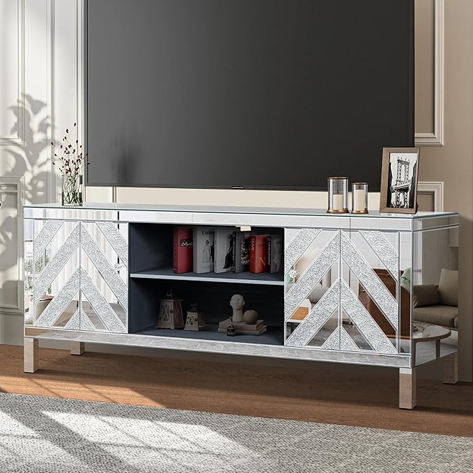 Goujxcy Mirrored TV Stand for 65+ inch TV,Sliver TV Console Table with Open Storage & 2 Storage Cabinets,Diamond Shape Mirror Doors for Living Room (A)