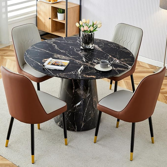 45 Inch Round Dining Table Set for 4, 5 Piece Kitchen Table and Chairs Set, Black Faux Marble Table Top, Small Space Dining Set for Apartment or Dining Room