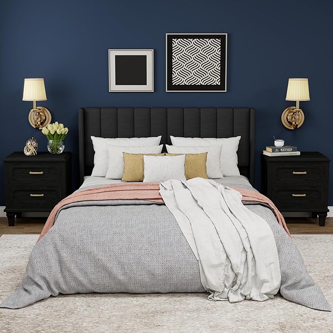 Upholstered Platform Queen Size Bed Frame with Headboard Wooden Slats Support No Noise Easy Assembly Black Linen