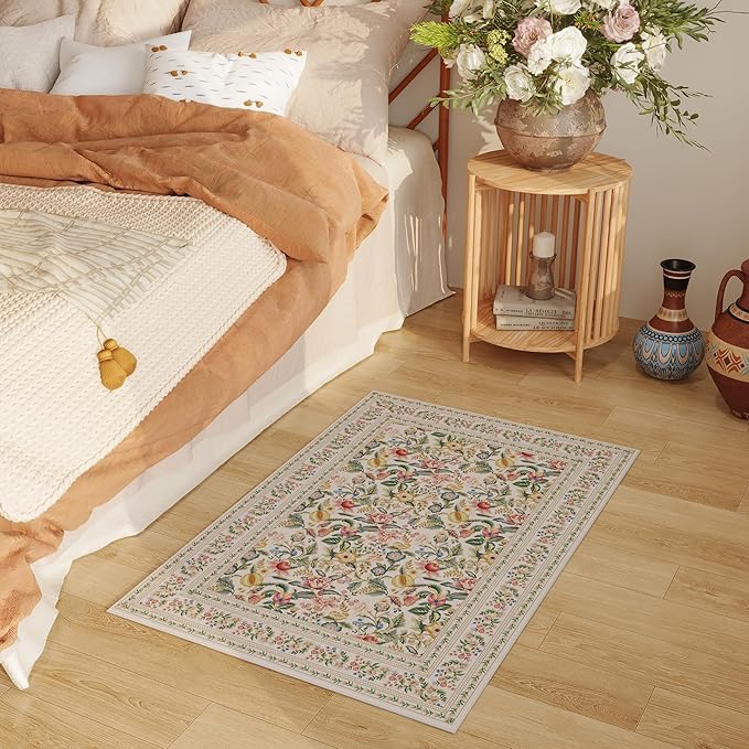 Door Mat Indoor Entrance 2x3 Rug Machine Washable Vintage Floral Small Area Rug Non-Slip Low Pile Throw Rugs for Entryway, Kitchen, Front Door Indoor Entrance, Entry, Kids Room, Beige