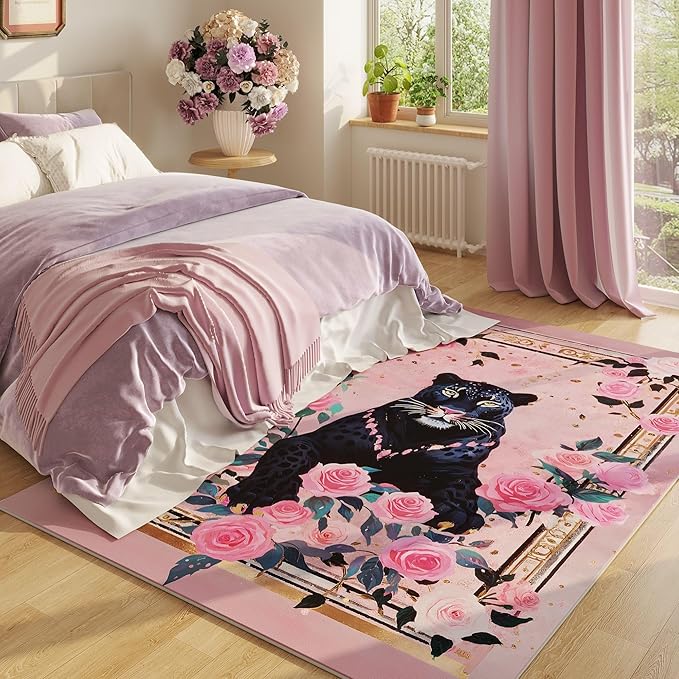 Living Room Rug 5x7 Rug Machine Washable Retro Lavish Leopard Area Rug Non Slip Floral Animal Vintage Low Pile Large Rugs for Living Room, Bedroom, Farmhouse, Dining Room, Kids Playroom