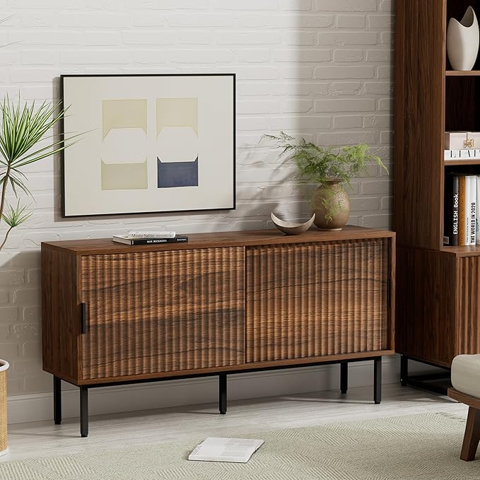 Fluted Tv Stand Set of 2, 47" Mid Century Storage Cabinet with Adjustable Shelf, Wooden Media TV Console Entertainment Center for Living Room, Brown